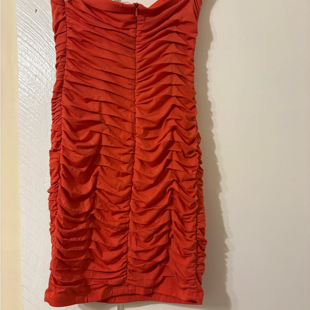 Ruched Strapless Orange Party Dress - Picture 2 of 4
